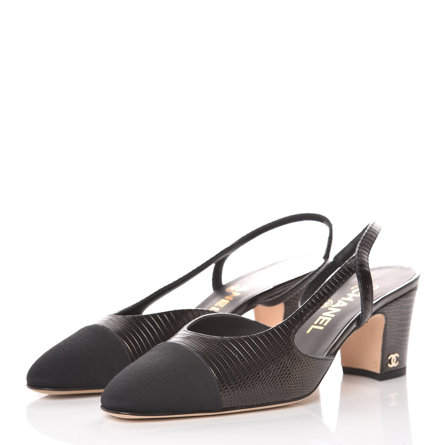 Lizard Grosgrain Cap Toe CC Slingback Pumps 37 Black