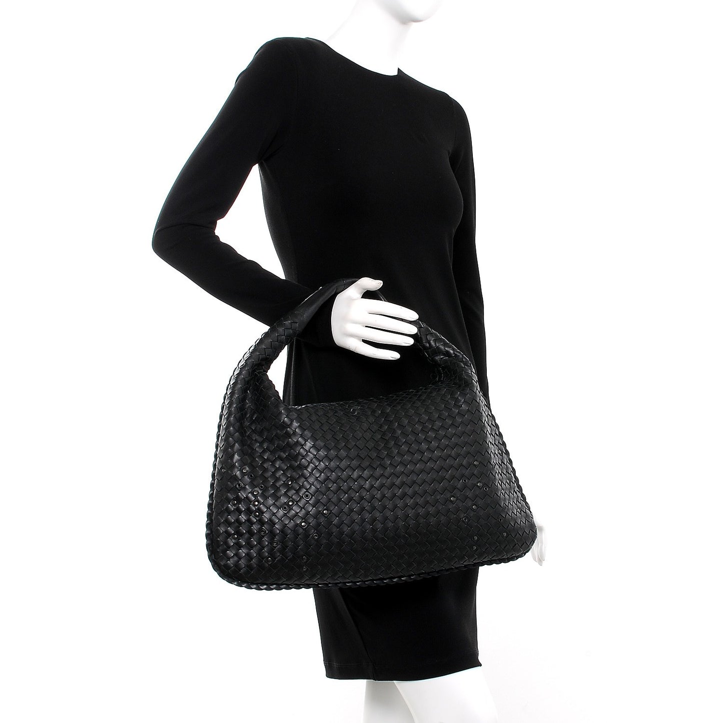 Nappa Intrecciato Studded Large Veneta Hobo Nero Black