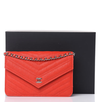 Chanel Caviar Chevron Quilted Statement Wallet On Chain WOC Red 11 of 11