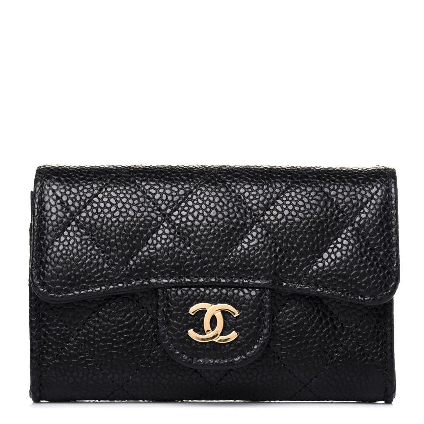 Caviar Quilted Flap Card Holder Wallet Black