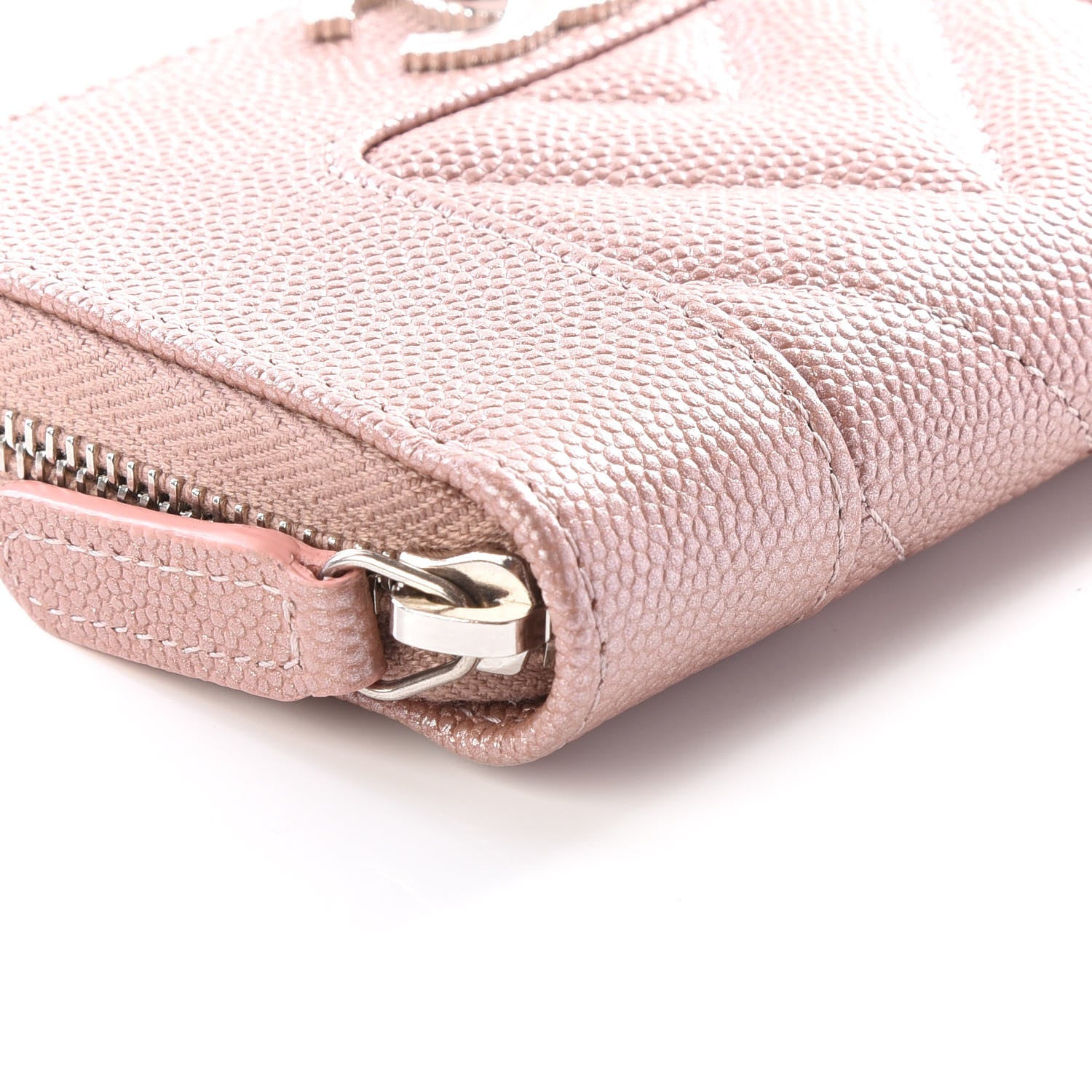 Chanel Metallic Caviar Chevron Quilted Vintage Mademoiselle Zip Coin Purse Pink 5 of 10