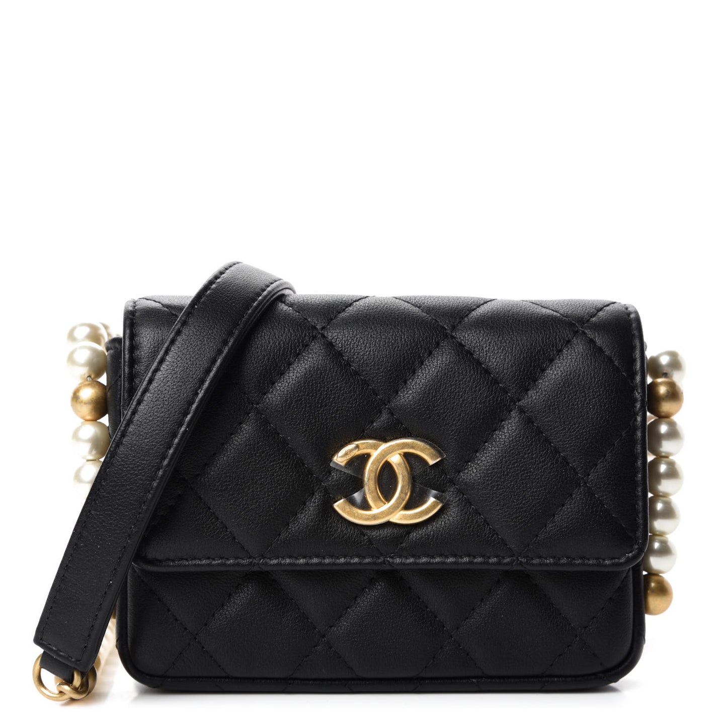 Calfskin Quilted About Pearls Card Holder Flap With Chain Black
