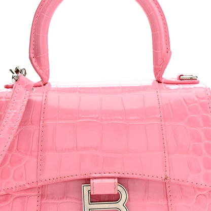 Balenciaga Shiny Calfskin Crocodile Embossed Hourglass Top Handle Bag XS Sweet Pink 9 of 14