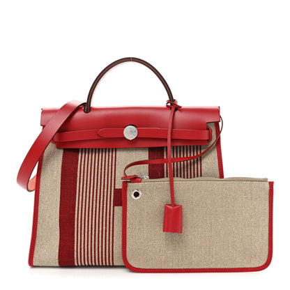 Hermes Vache Hunter Toile H Vibration Herbag Zip 31 PM Bordeaux Ficelle Rouge Piment 3 of 13