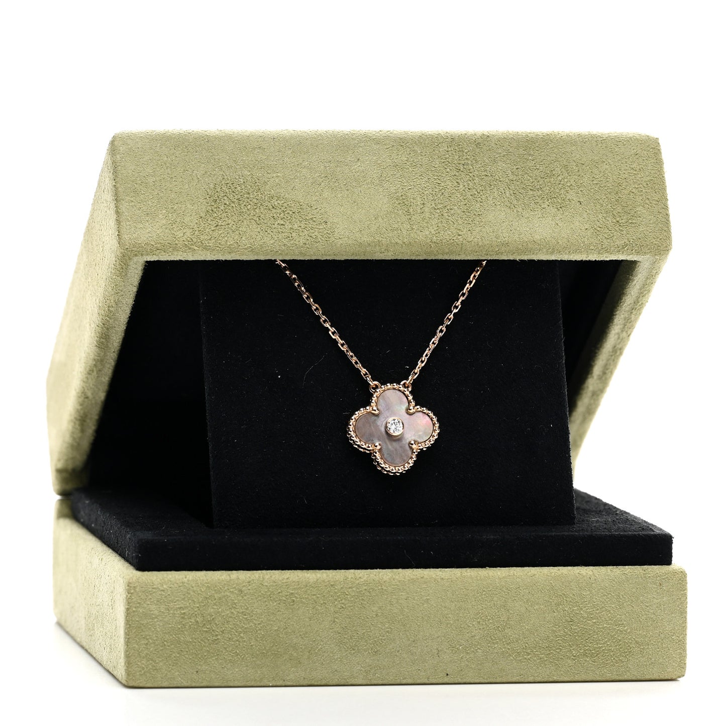 18K Rose Gold Diamond Grey Mother of Pearl Vintage Alhambra Pendant Necklace