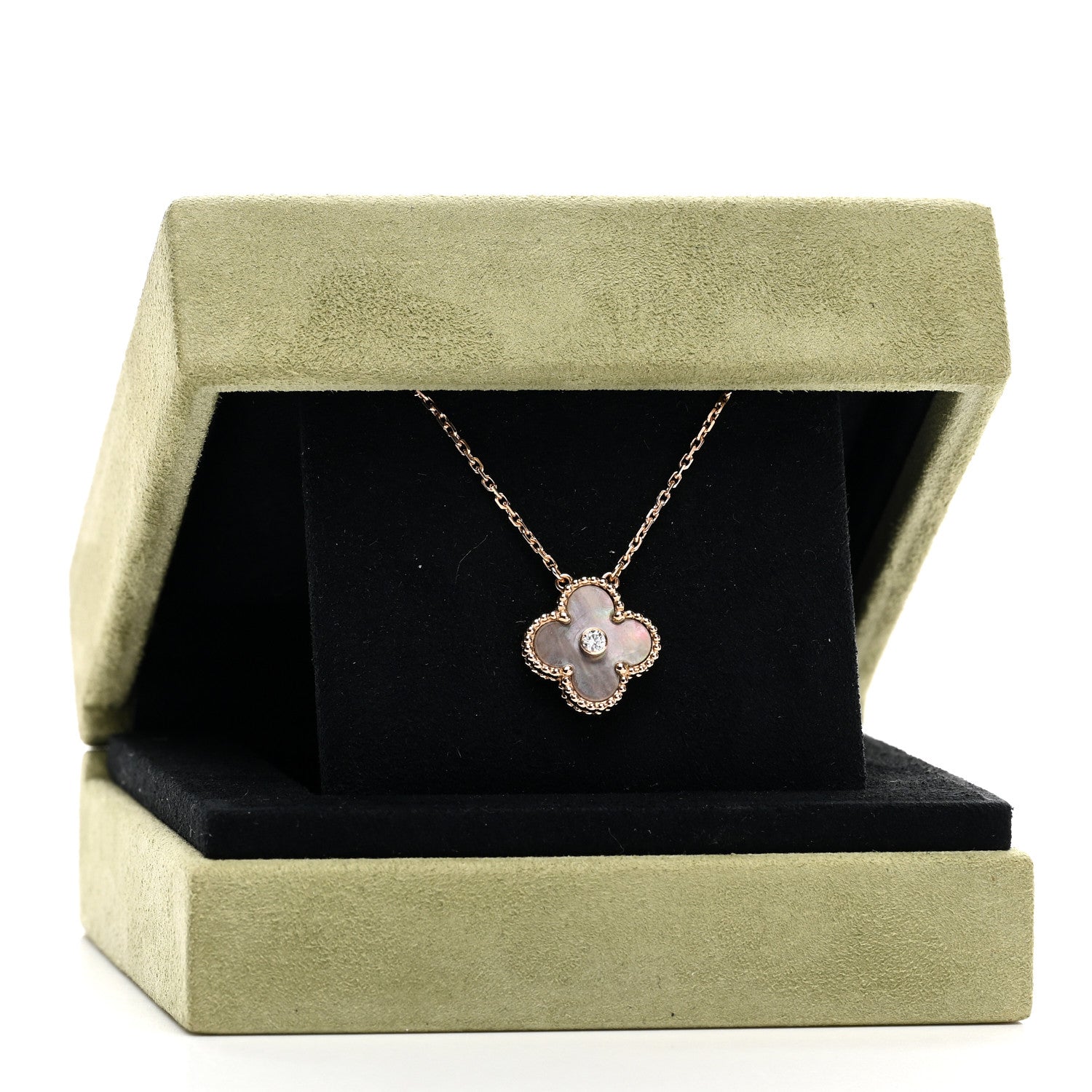 Van Cleef & Arpels 18K Rose Gold Diamond Grey Mother of Pearl Vintage Alhambra Pendant Necklace 6 of 6