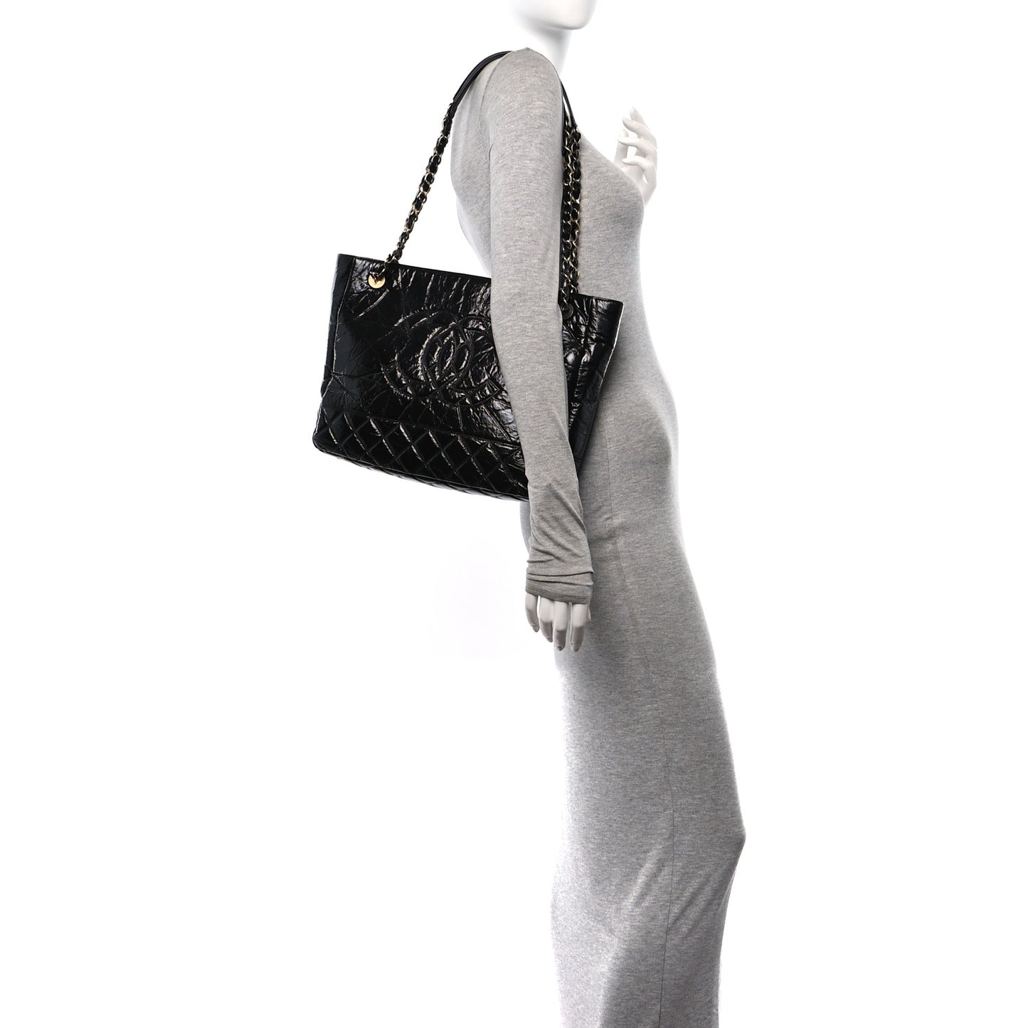 Shiny Aged Calfskin Quilted Large Shopping Bag Black