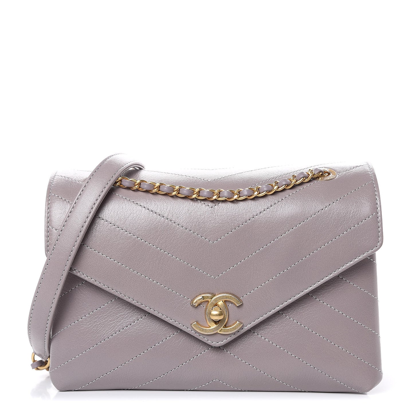 Lambskin Chevron Stitched Envelope Flap Light Grey