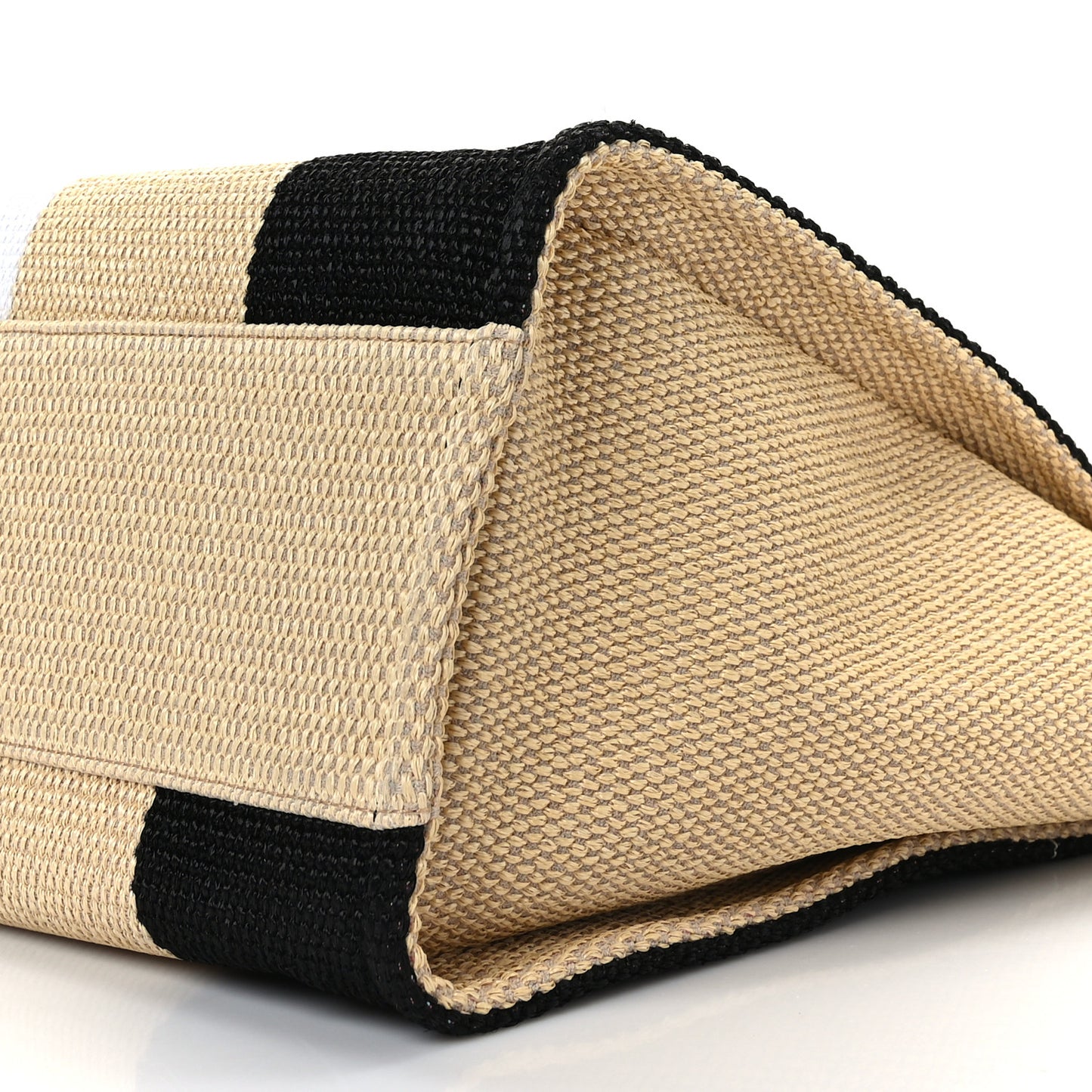 Straw Raffia Calfskin Striped Large Deauville Tote Black Beige Ivory