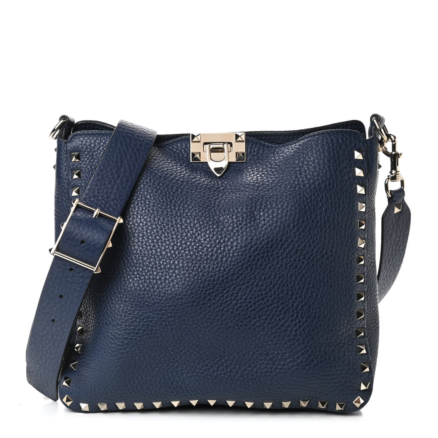 Pebbled Calfskin Small Rockstud Flip-Lock Messenger Bag Navy