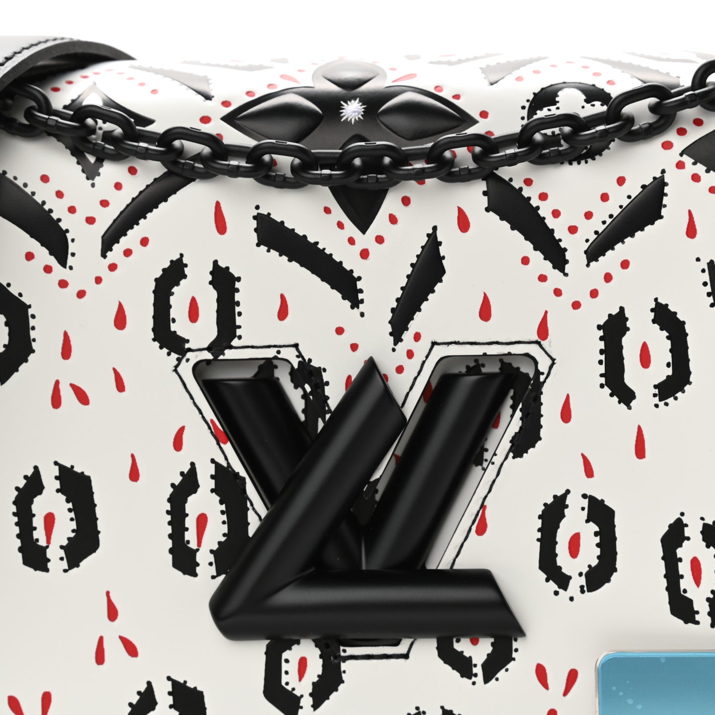 Calfskin Graphic Print Twist Shoulder Bag MM White Black