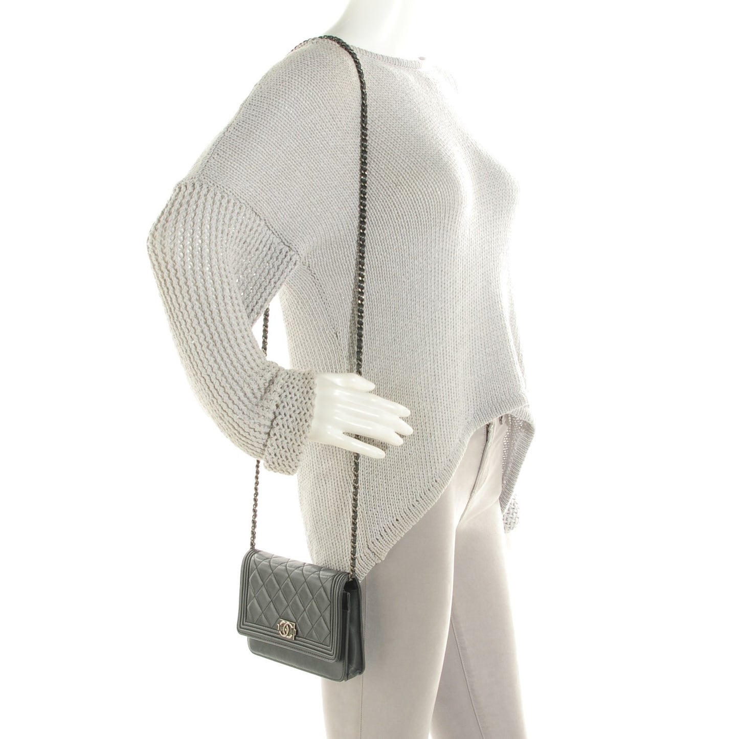 Lambskin Quilted Boy Wallet On Chain WOC Dark Grey