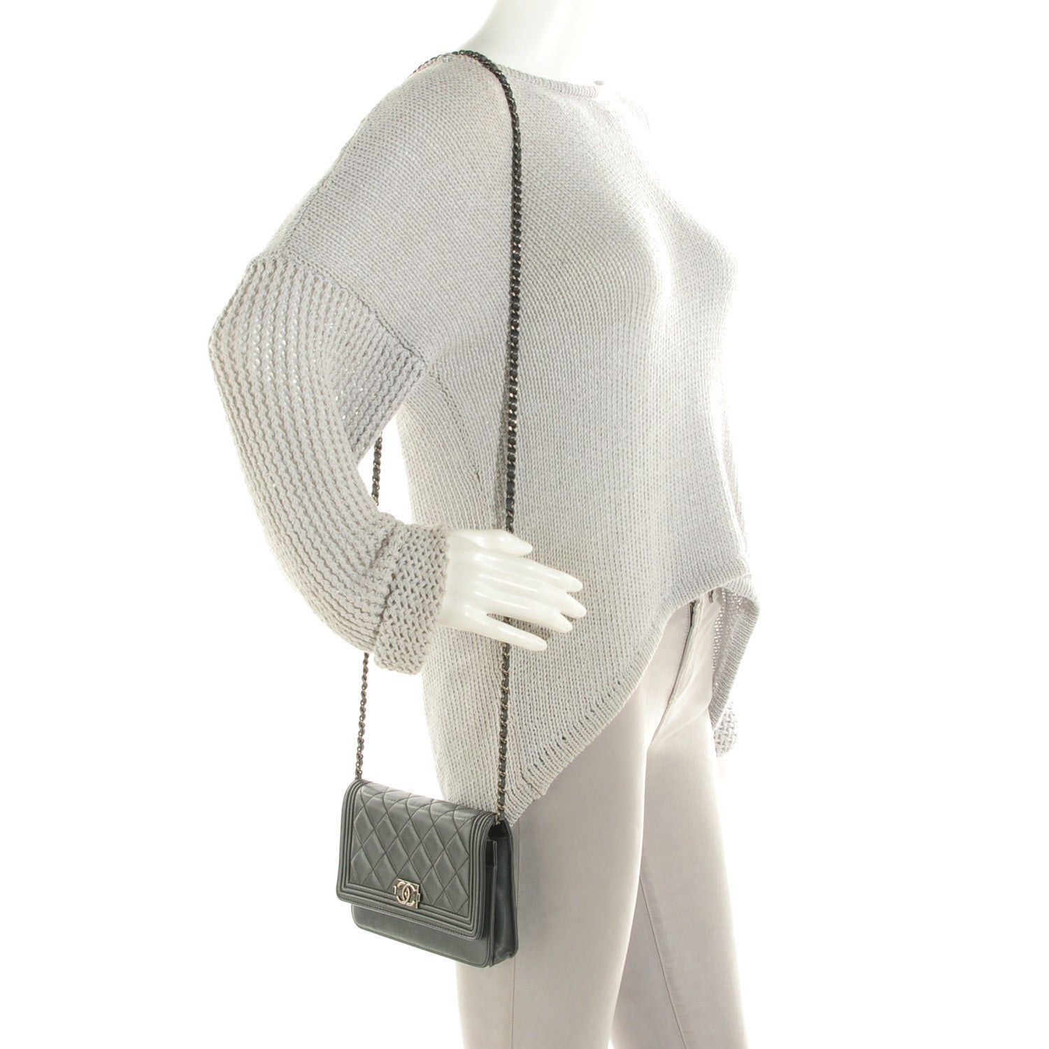 Chanel Lambskin Quilted Boy Wallet On Chain WOC Dark Grey 2 of 8
