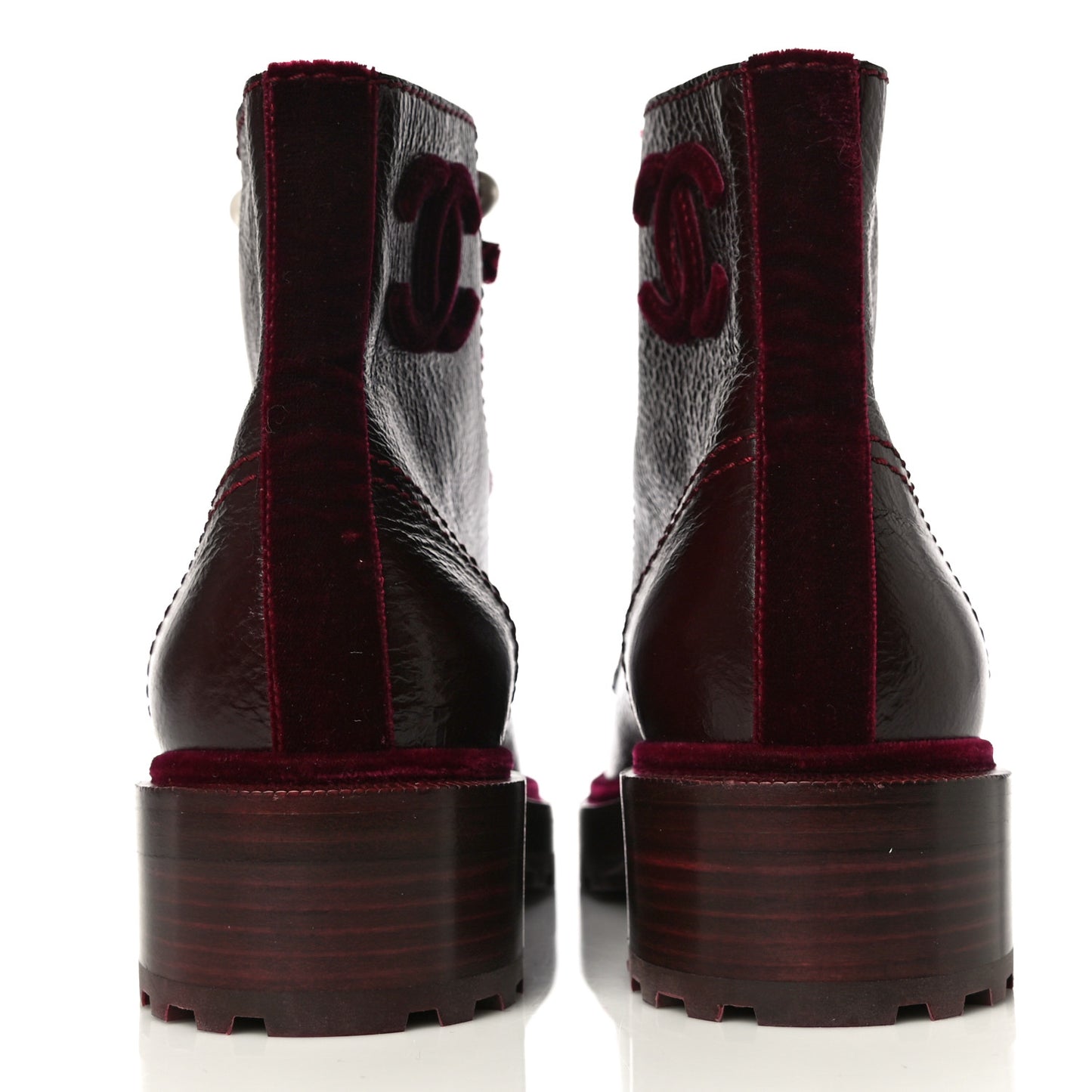 Calfskin Velvet Pearl Combat Short Boots 38 Burgundy