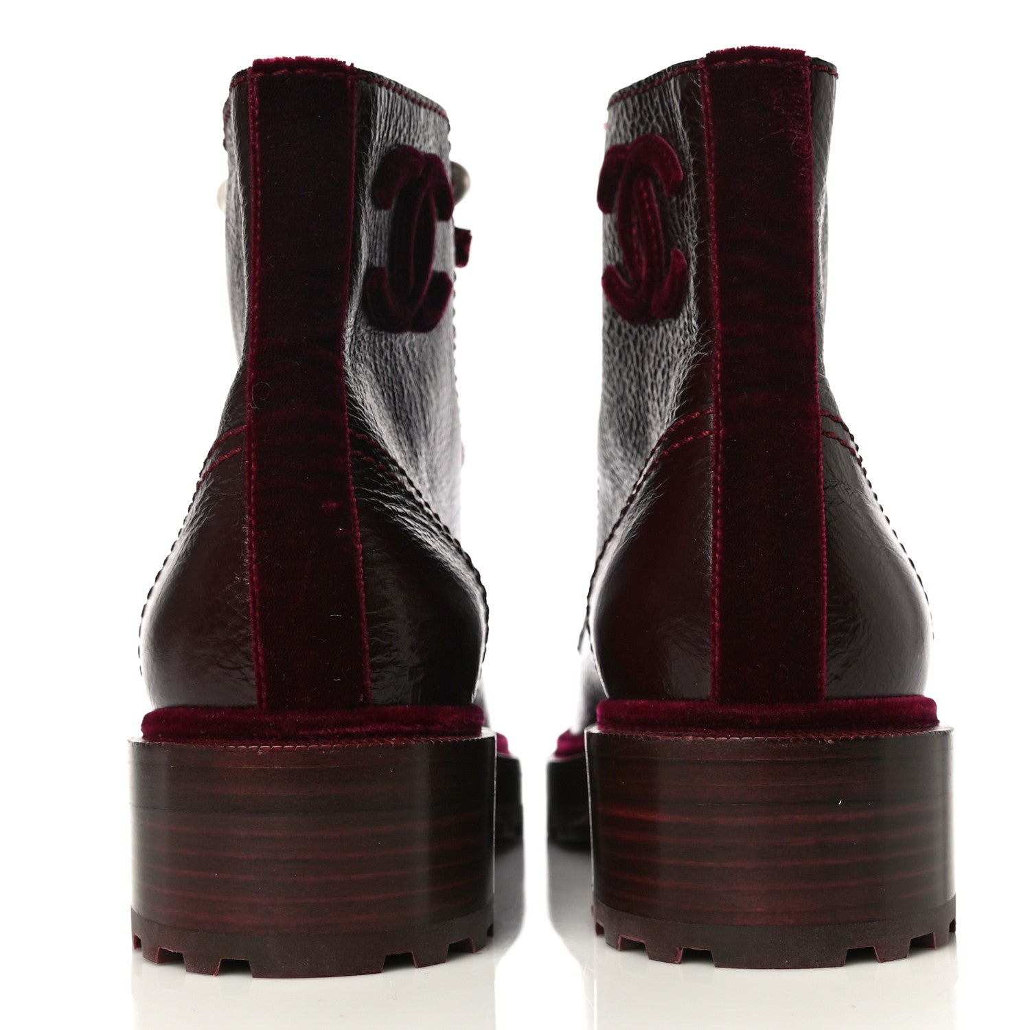 Chanel Calfskin Velvet Pearl Combat Short Boots 38 Burgundy 3 of 12