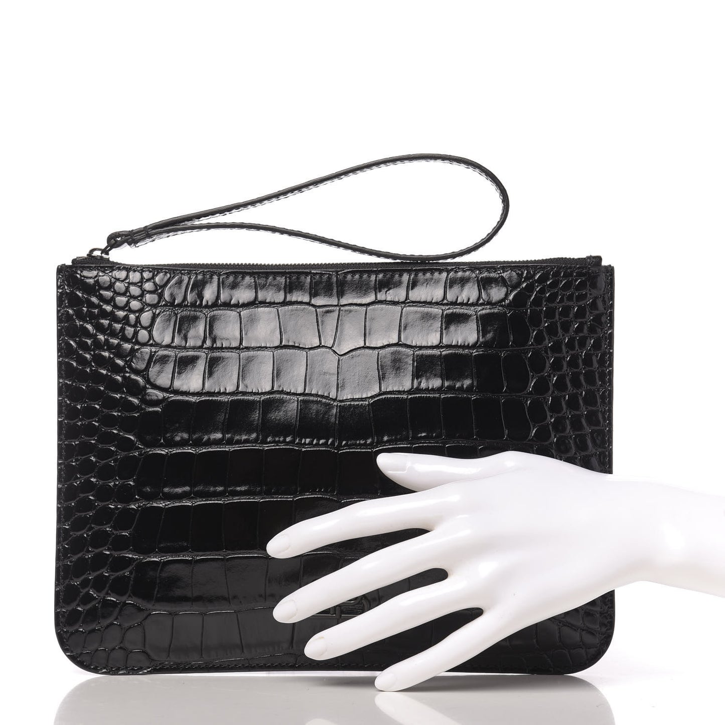 Extra Supple Calfskin Monochrome Crocodile Embossed BB Wristlet Pouch Black