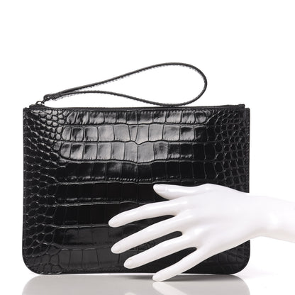 Balenciaga Extra Supple Calfskin Monochrome Crocodile Embossed BB Wristlet Pouch Black 2 of 6