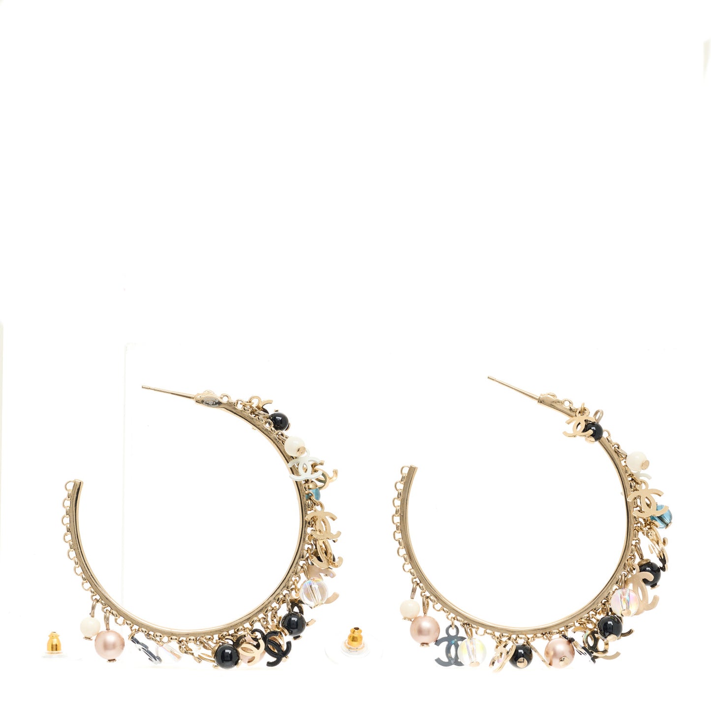 Crystal Bead CC Charm Hoop Earrings Gold Black Pink White