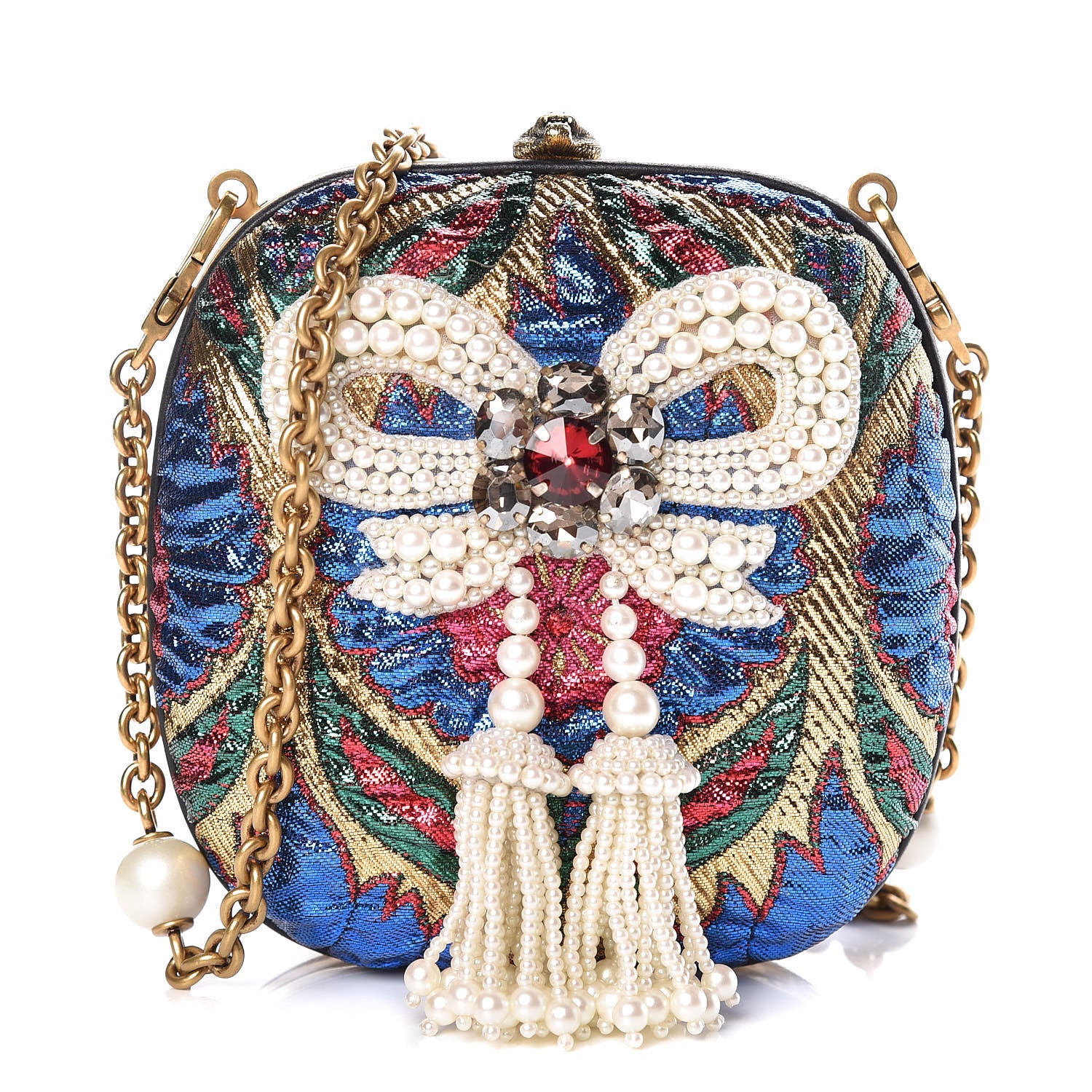Gucci Brocade Pearl Bow Sandy Flow Chain Clutch Gold Blue Royal Multicolor 1 of 9