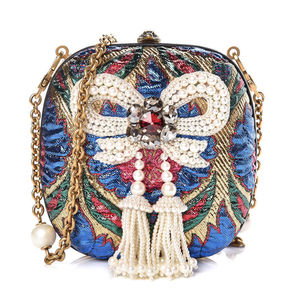 Gucci Brocade Pearl Bow Sandy Flow Chain Clutch Gold Blue Royal Multicolor 1 of 9