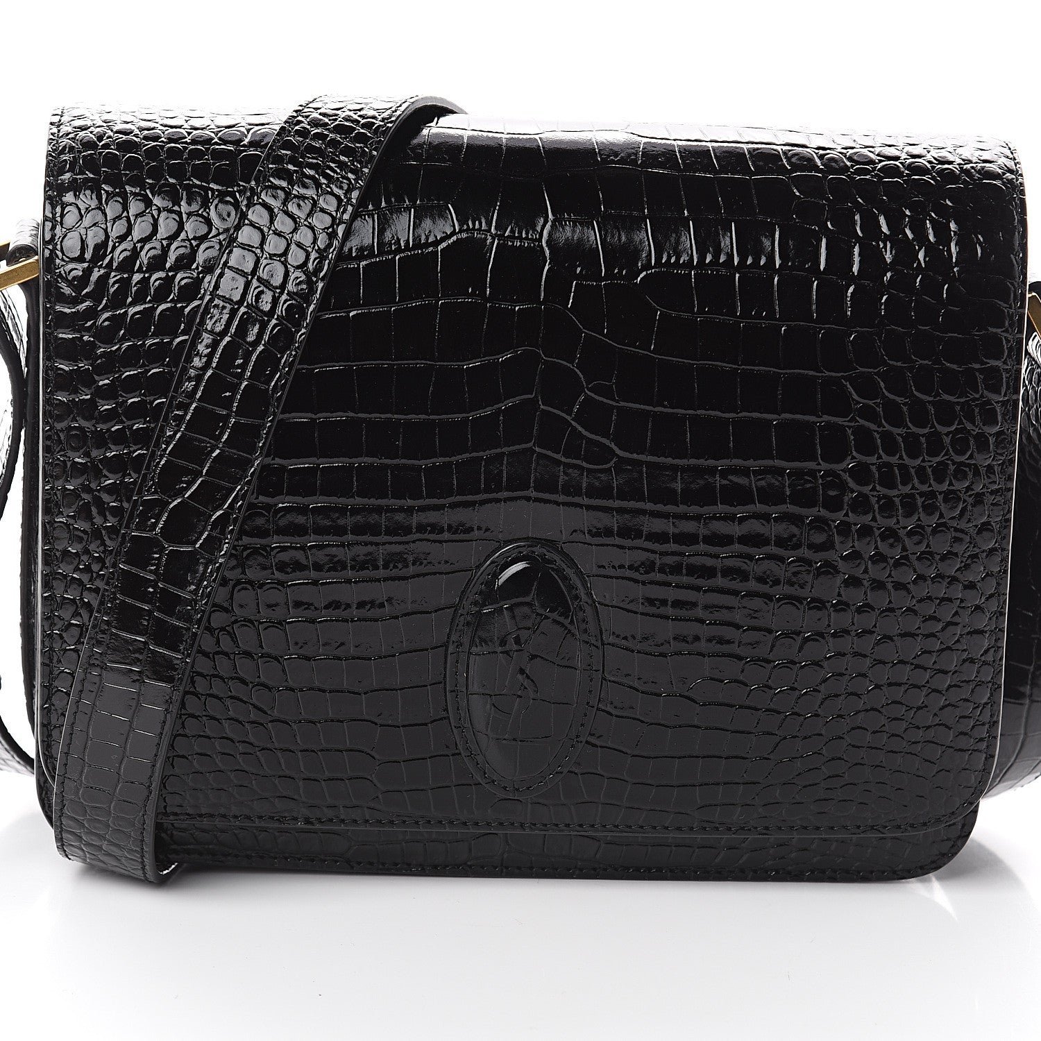 Saint Laurent Calfskin Crocodile Embossed New Besace Crossbody Bag Black 6 of 8