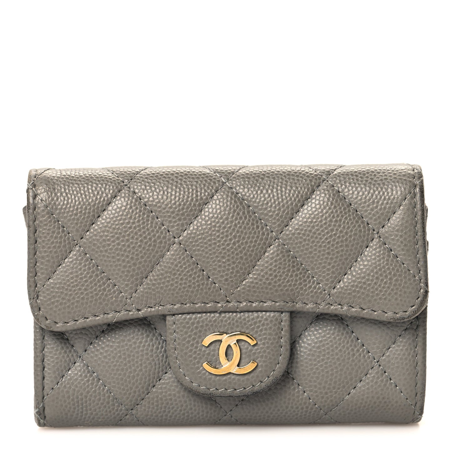 Caviar Quilted Flap Card Holder Wallet Dark Grey