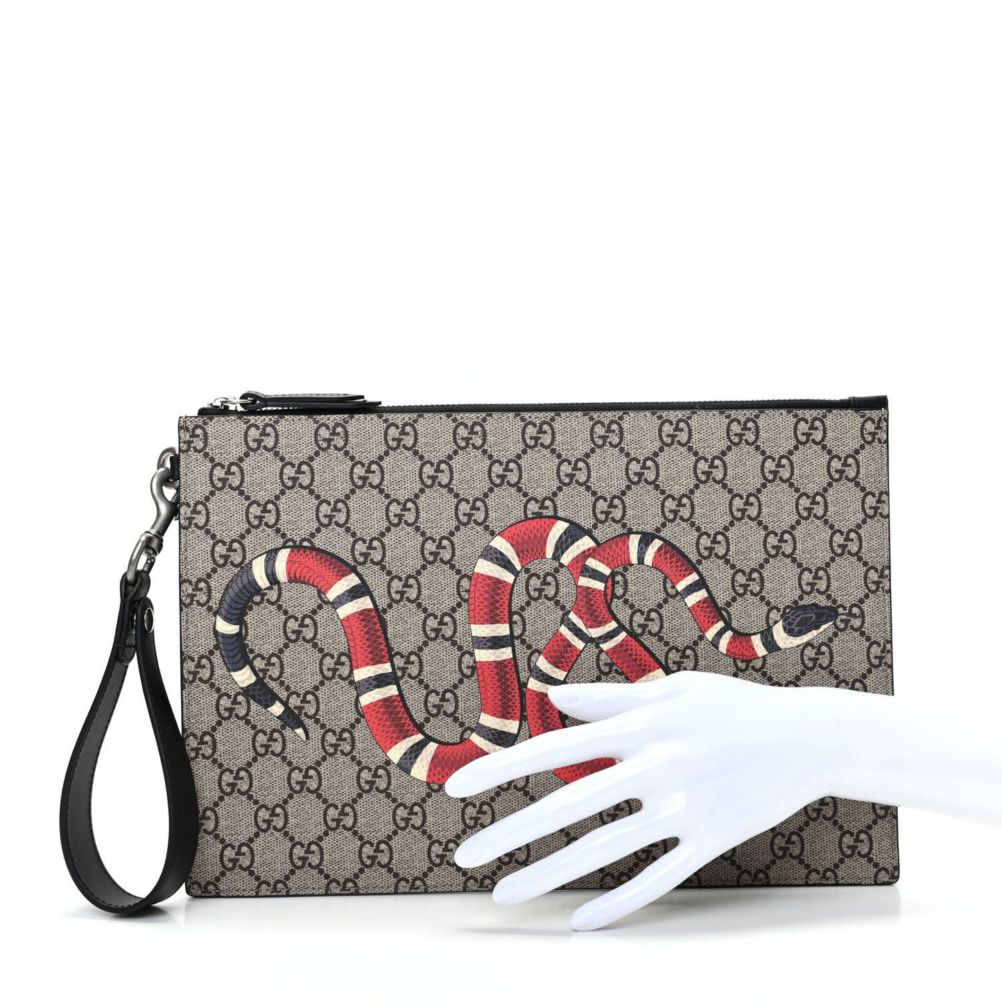 GG Supreme Monogram Kingsnake Zip Wristlet Pouch Beige Black