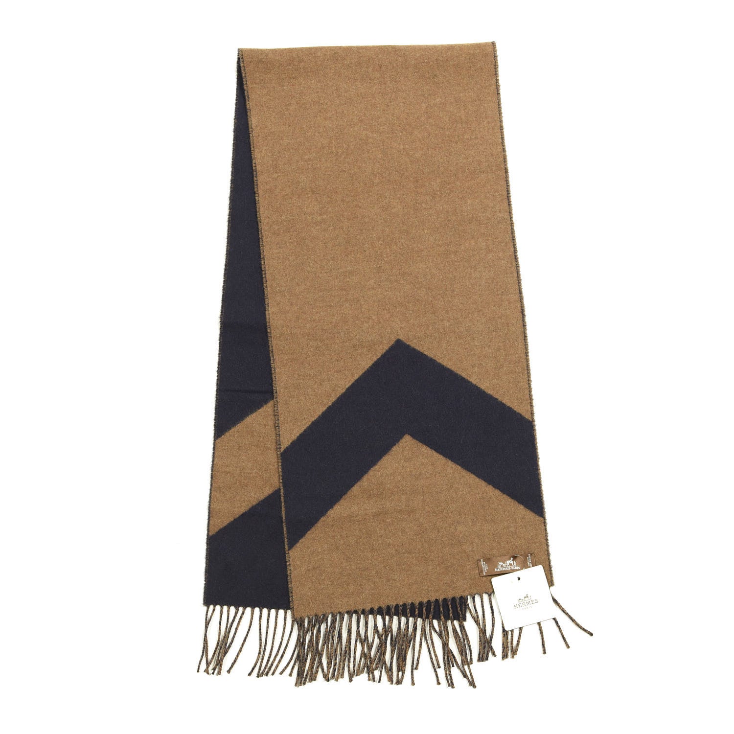 Hermes Cashmere Casaque Chevron Muffler Camel Marine 2 of 4