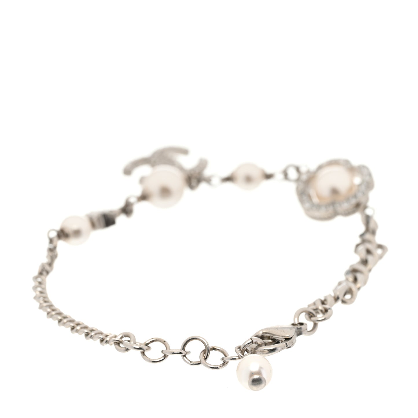 Crystal Pearl Camellia CC Coco Flapper Bracelet Silver