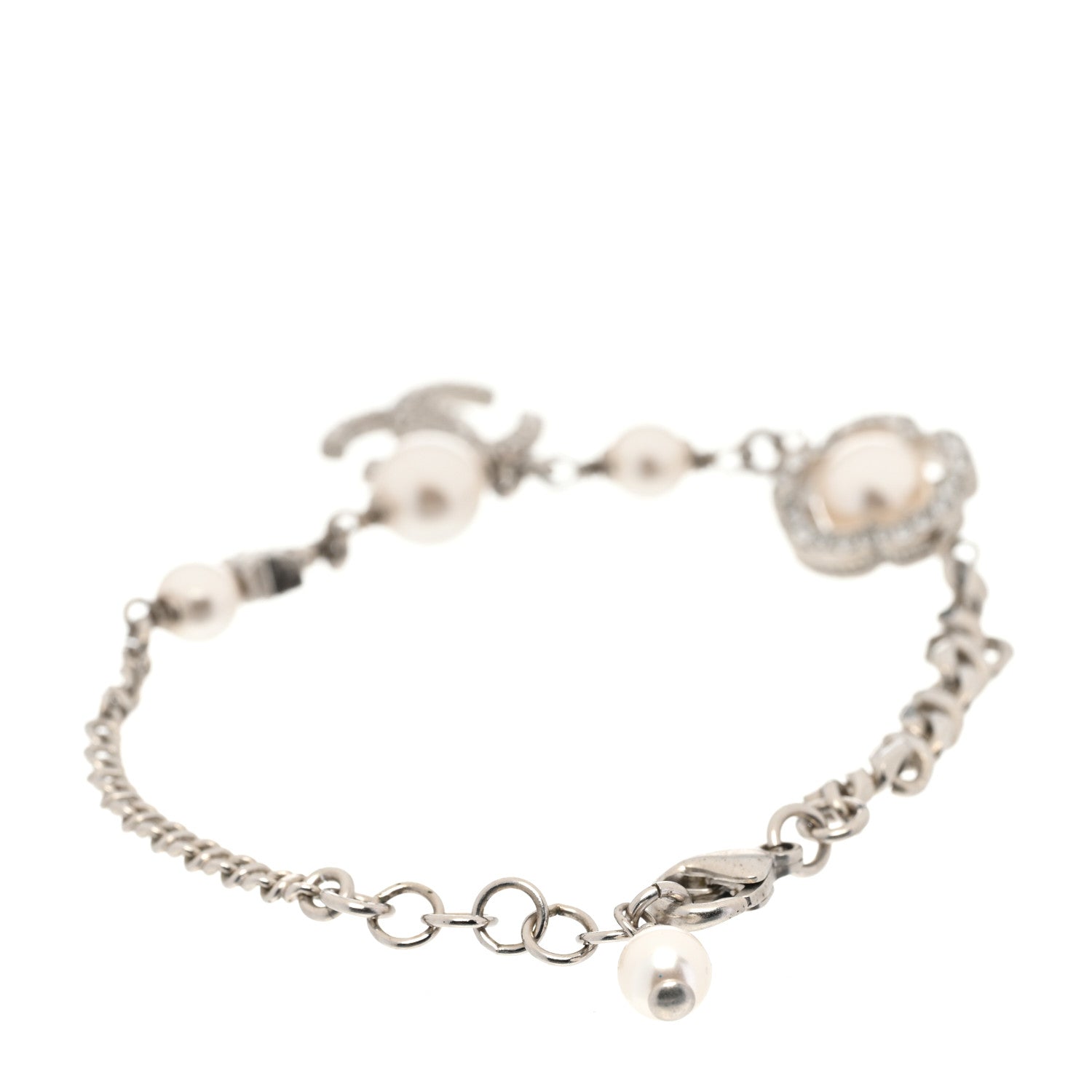 Chanel Crystal Pearl Camellia CC Coco Flapper Bracelet Silver 3 of 5