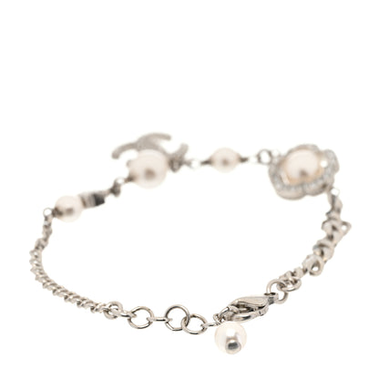 Chanel Crystal Pearl Camellia CC Coco Flapper Bracelet Silver 3 of 5