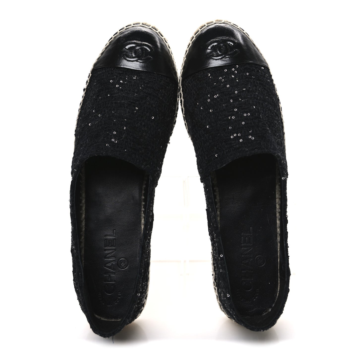 Tweed Patent Goatskin Sequin CC Espadrilles 41 Black