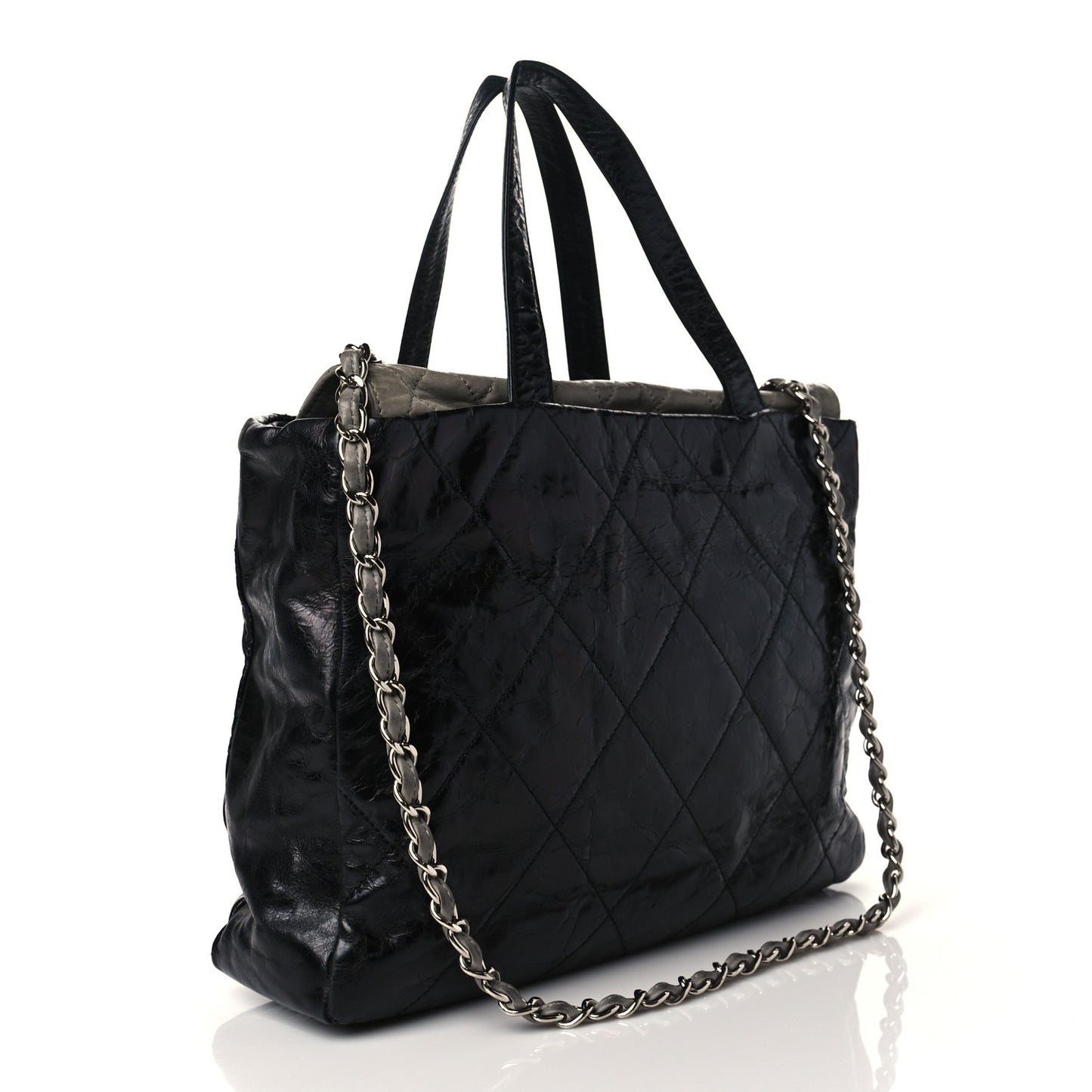 Glazed Calfskin Lambskin Quilted Portobello Tote Black Grey
