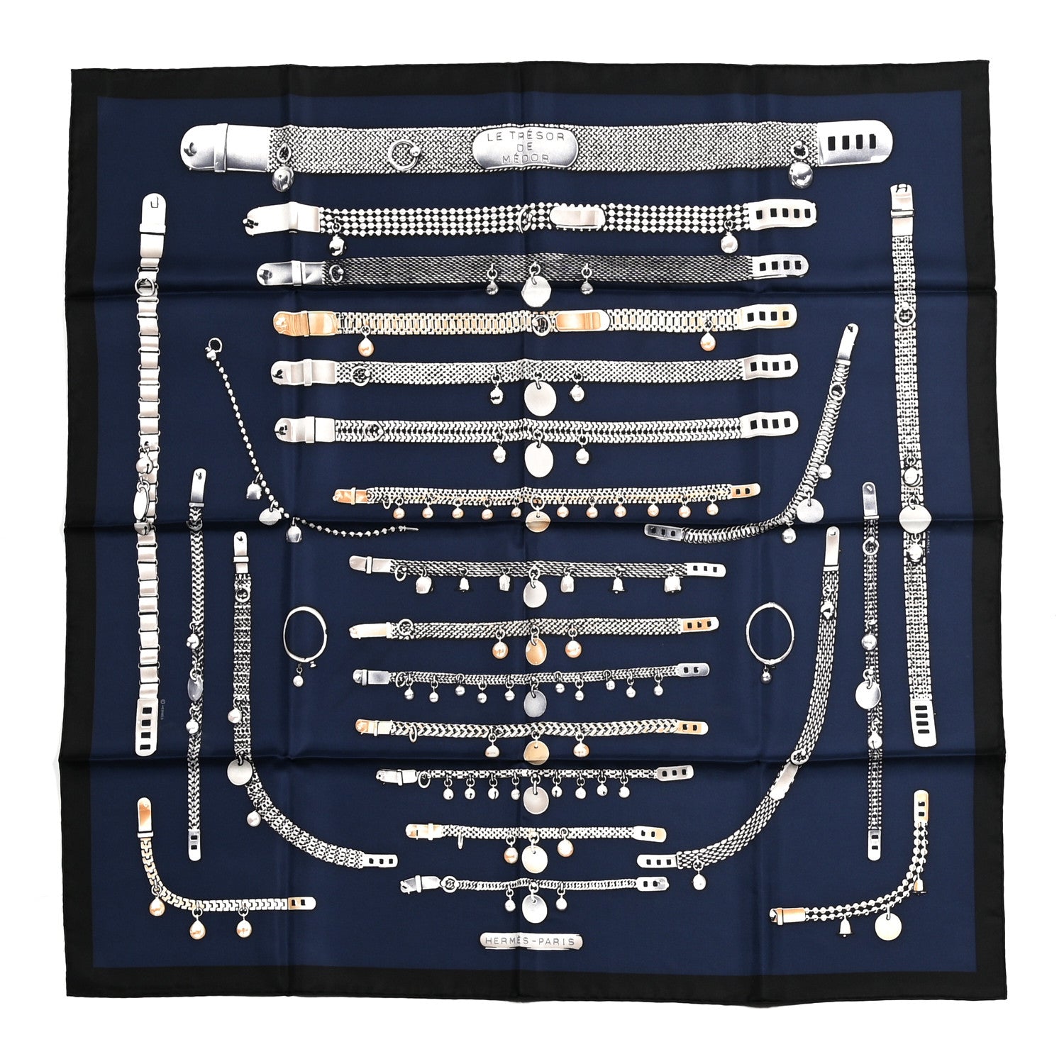 Hermes Silk Le Tresor De Medor Scarf 90 Black Bleu Marine Gris 1 of 6