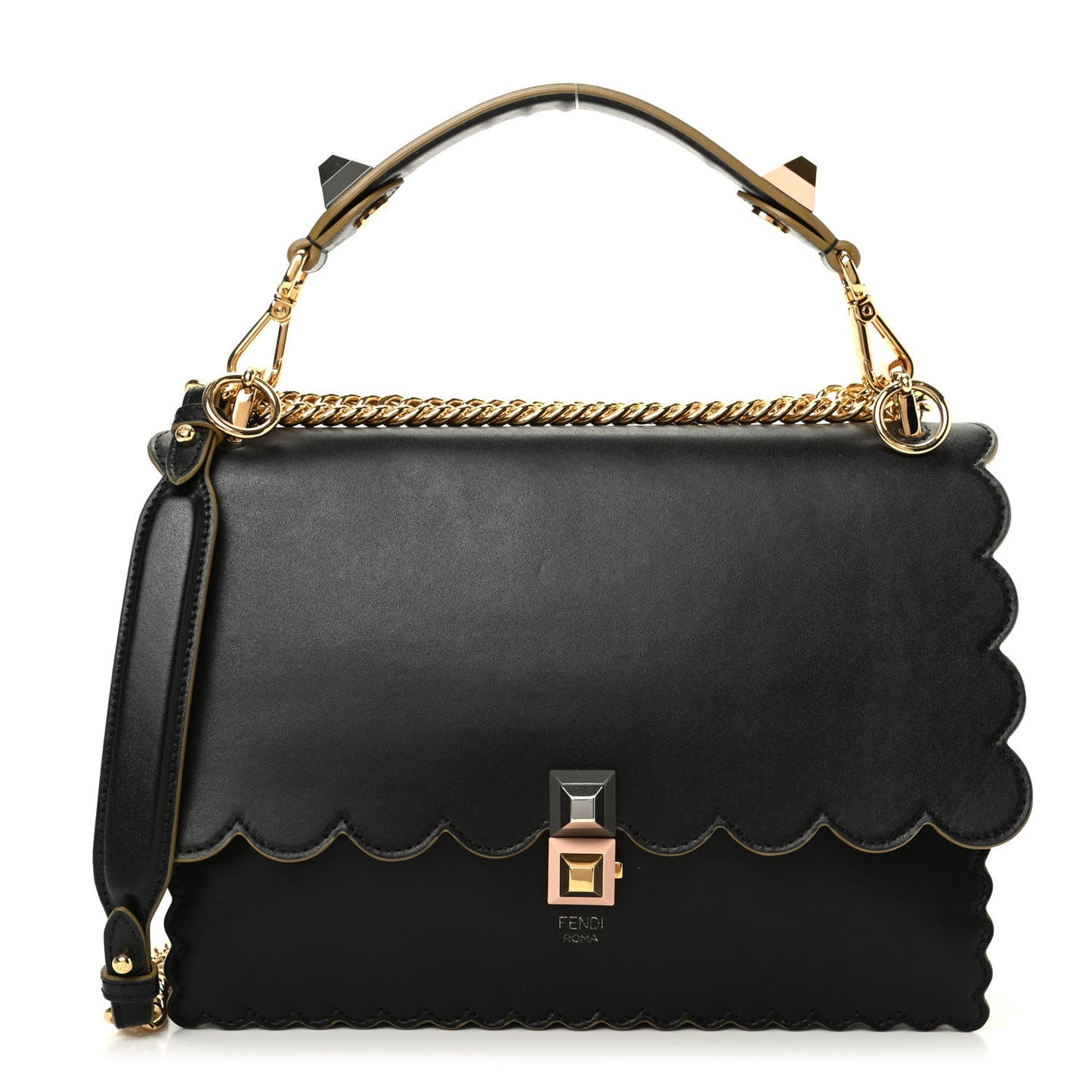 Vitello Liberty Scalloped Studded Kan I Shoulder Bag Black