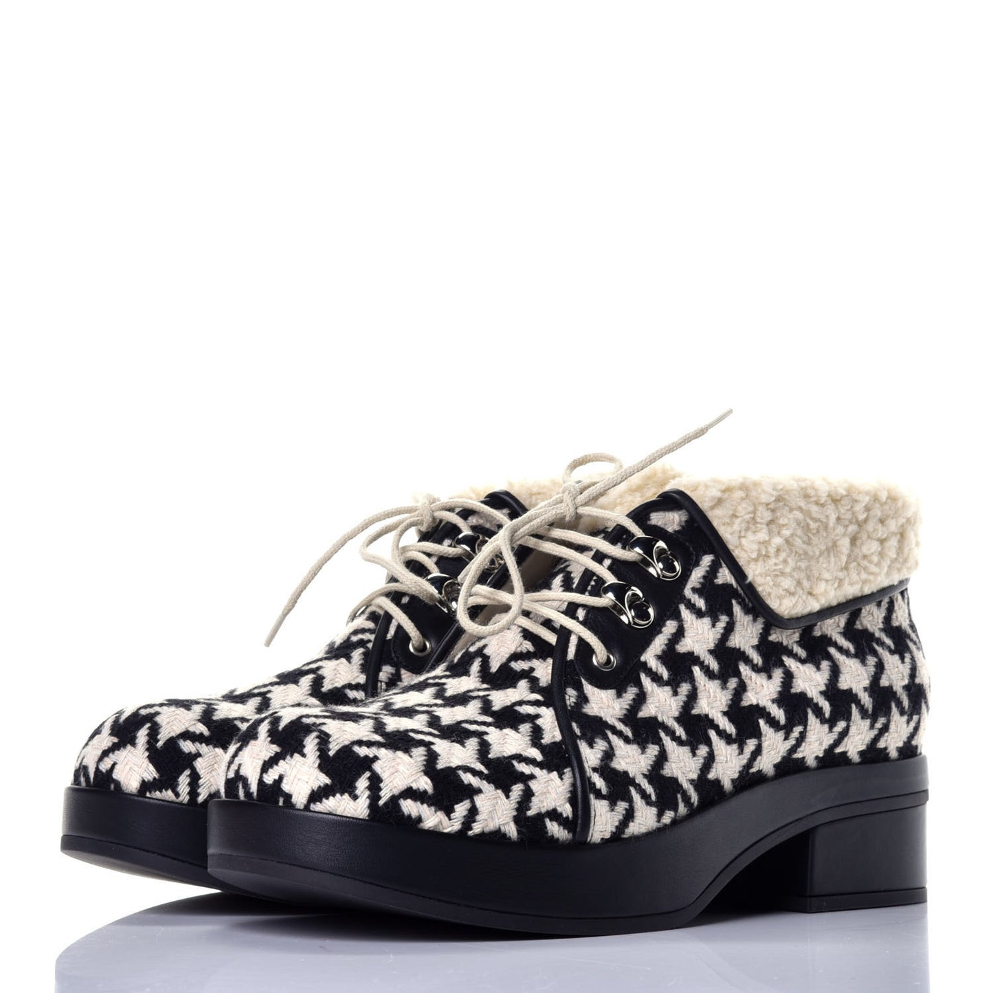 Optical Tweed Faux Shearling Houndstooth Victor Lace Up Ankle Boots 38 White Black
