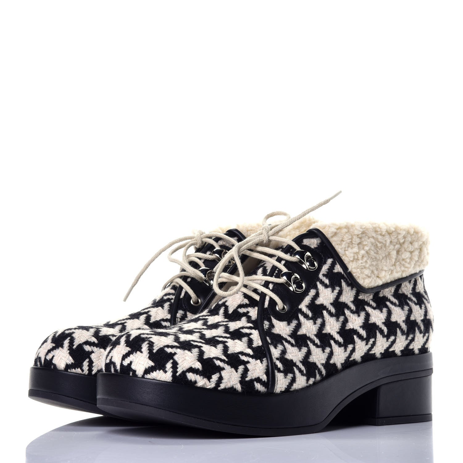 Gucci Optical Tweed Faux Shearling Houndstooth Victor Lace Up Ankle Boots 38 White Black 3 of 8