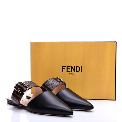 Fendi Vitello FF Embossed Buckle Flat Mules 38 Maya Black 14 of 14