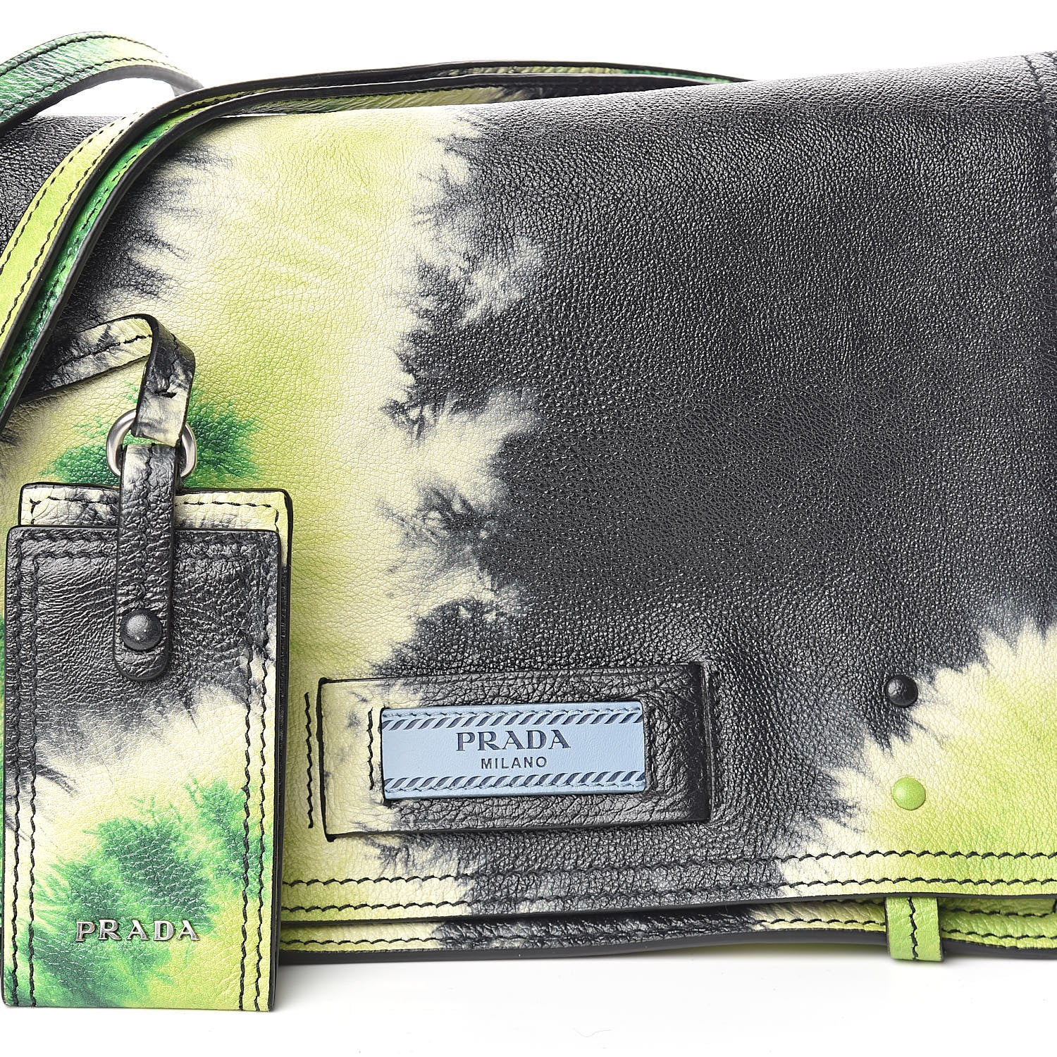 Prada Glace Calf Tie-Dye Print Etiquette Flap Black Lime 8 of 10