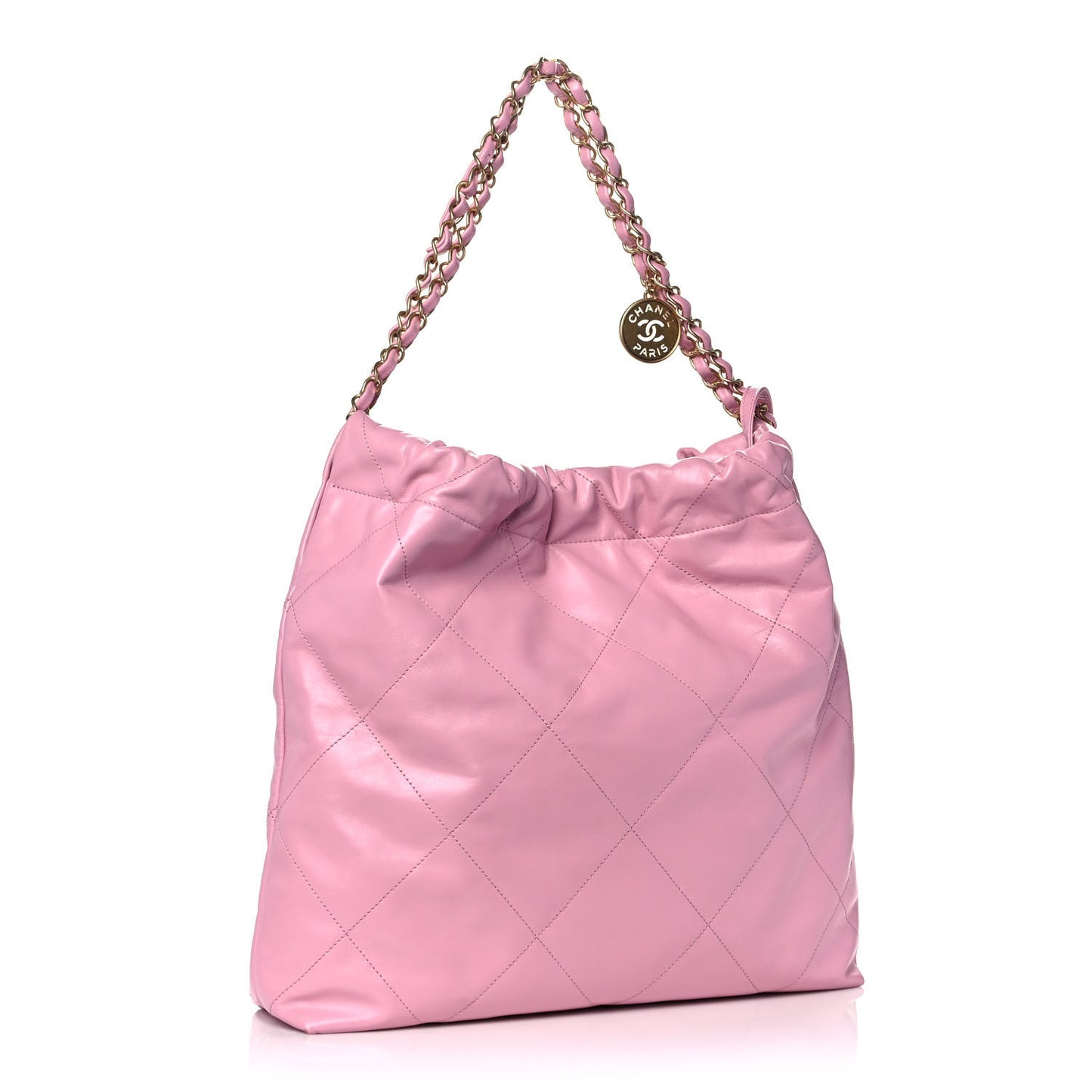 Shiny Calfskin Quilted Chanel 22 Drawstring Bag Dark Pink