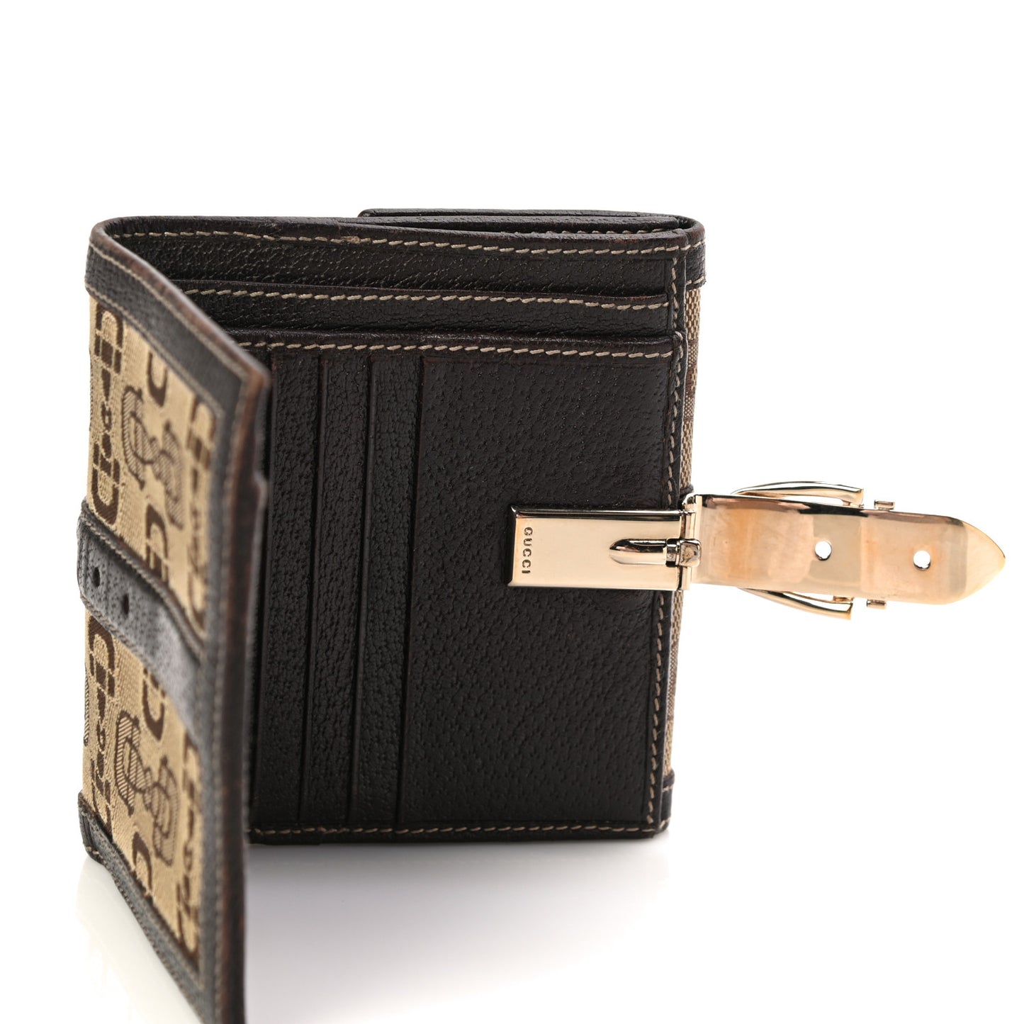 Horsebit Canvas Buckle Compact Wallet Brown