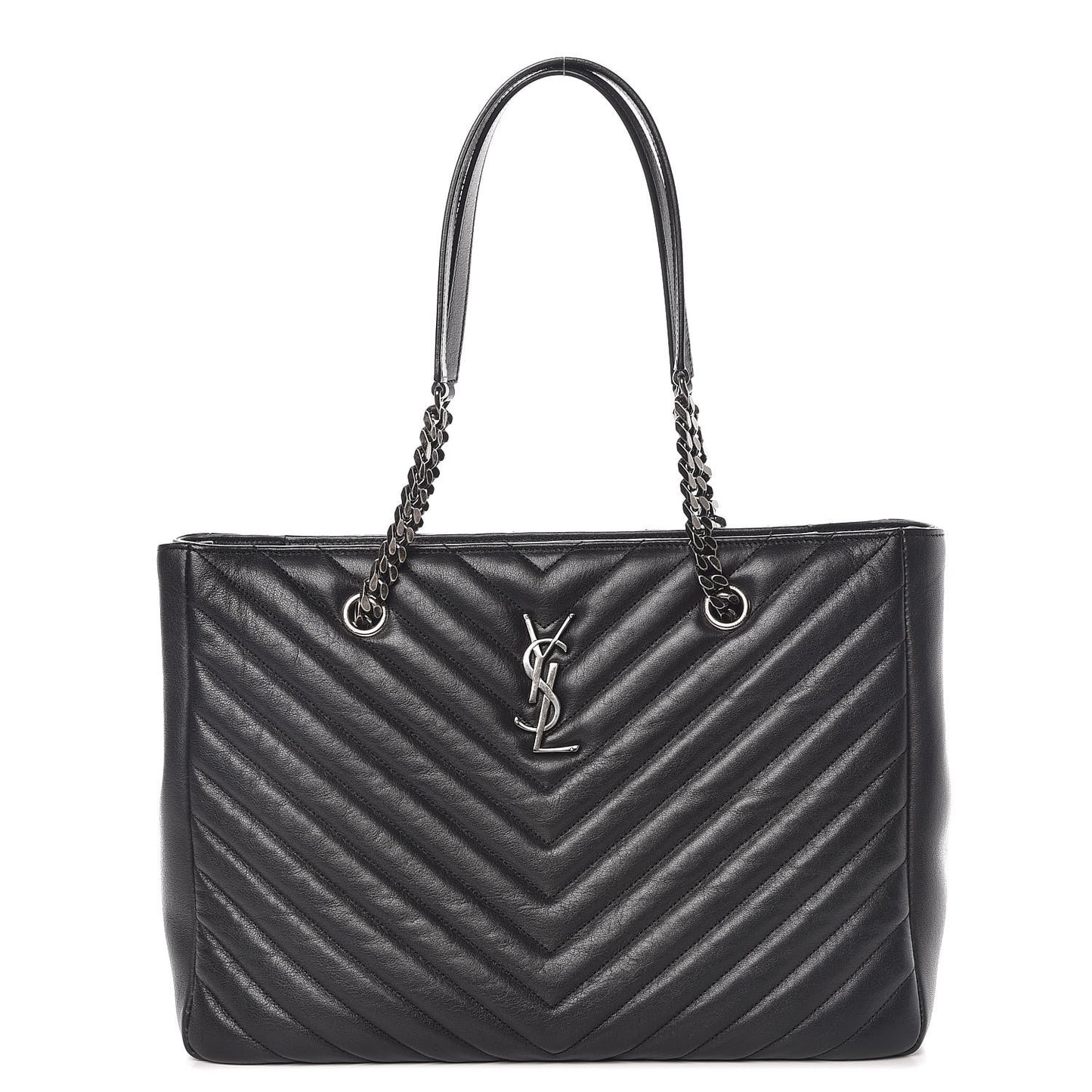 Sheepskin Matelasse Chevron Large Monogram Shopping Bag Black