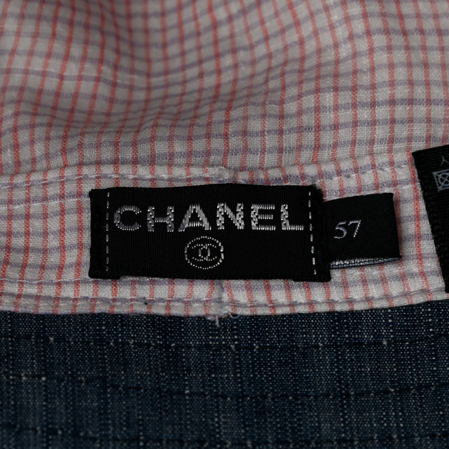 Chanel Denim Gingham Crystal CC Pocket Bucket Hat 57 Blue Pink 7 of 9