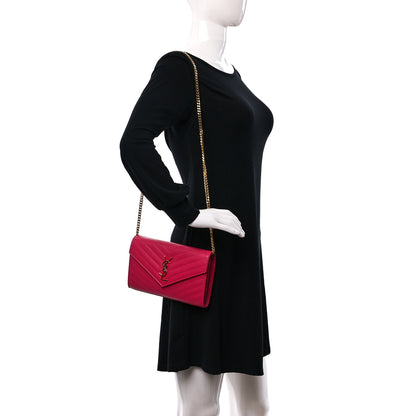 Saint Laurent Grain De Poudre Matelasse Chevron Monogram Chain Wallet Hot Pink 2 of 9