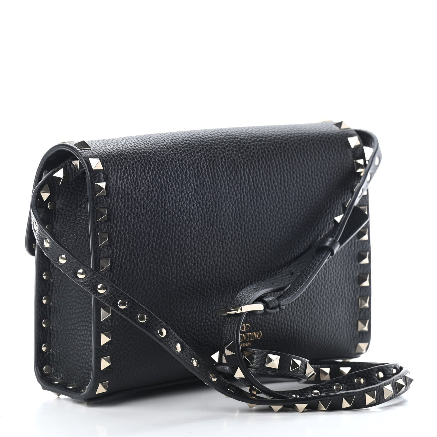 Pebbled Calfskin Medium Rockstud Flip Lock Crossbody Bag Black