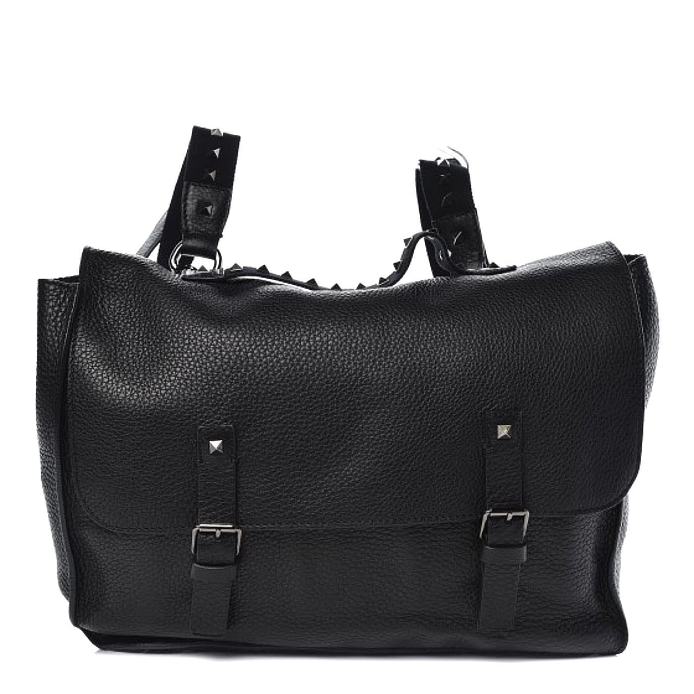 Valentino Garavani Pebbled Calfskin Rockstud Convertible Messenger Backpack Bag Black 1 of 9