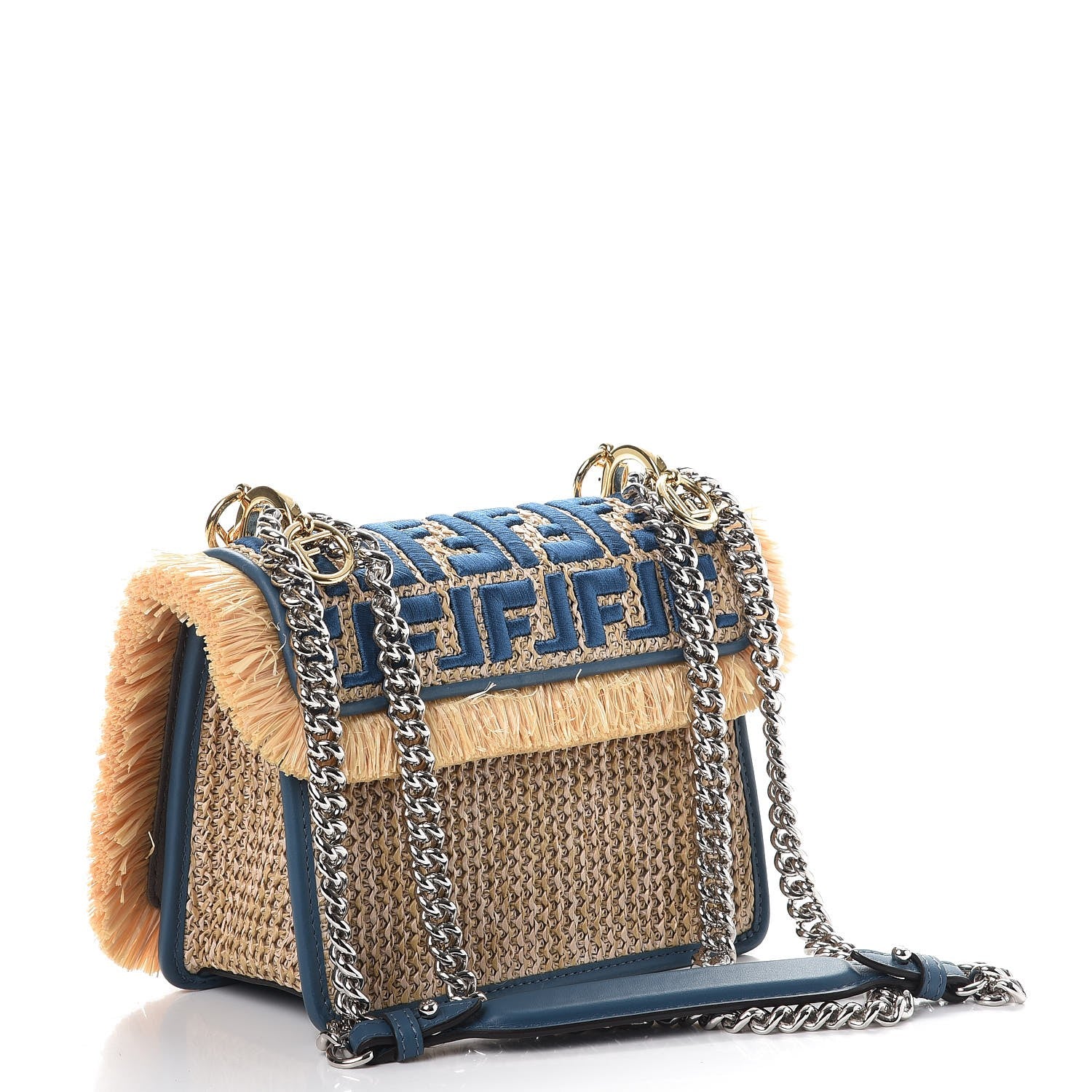 Fendi Raffia Vitello Century F is Fendi FF Embroidered Fringe Small Kan I Shoulder Bag Natural Blue 3 of 8