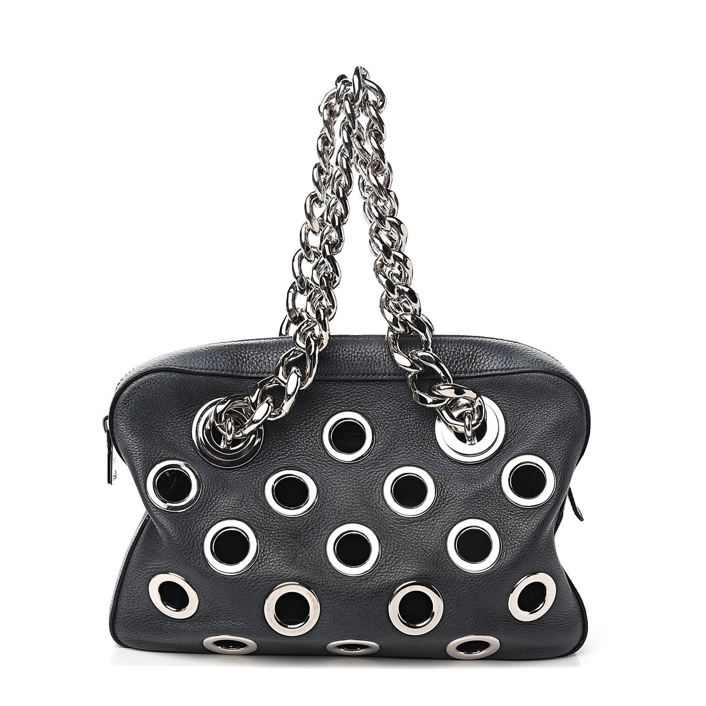 Vitello Daino Grommet Chain Satchel Bag Black