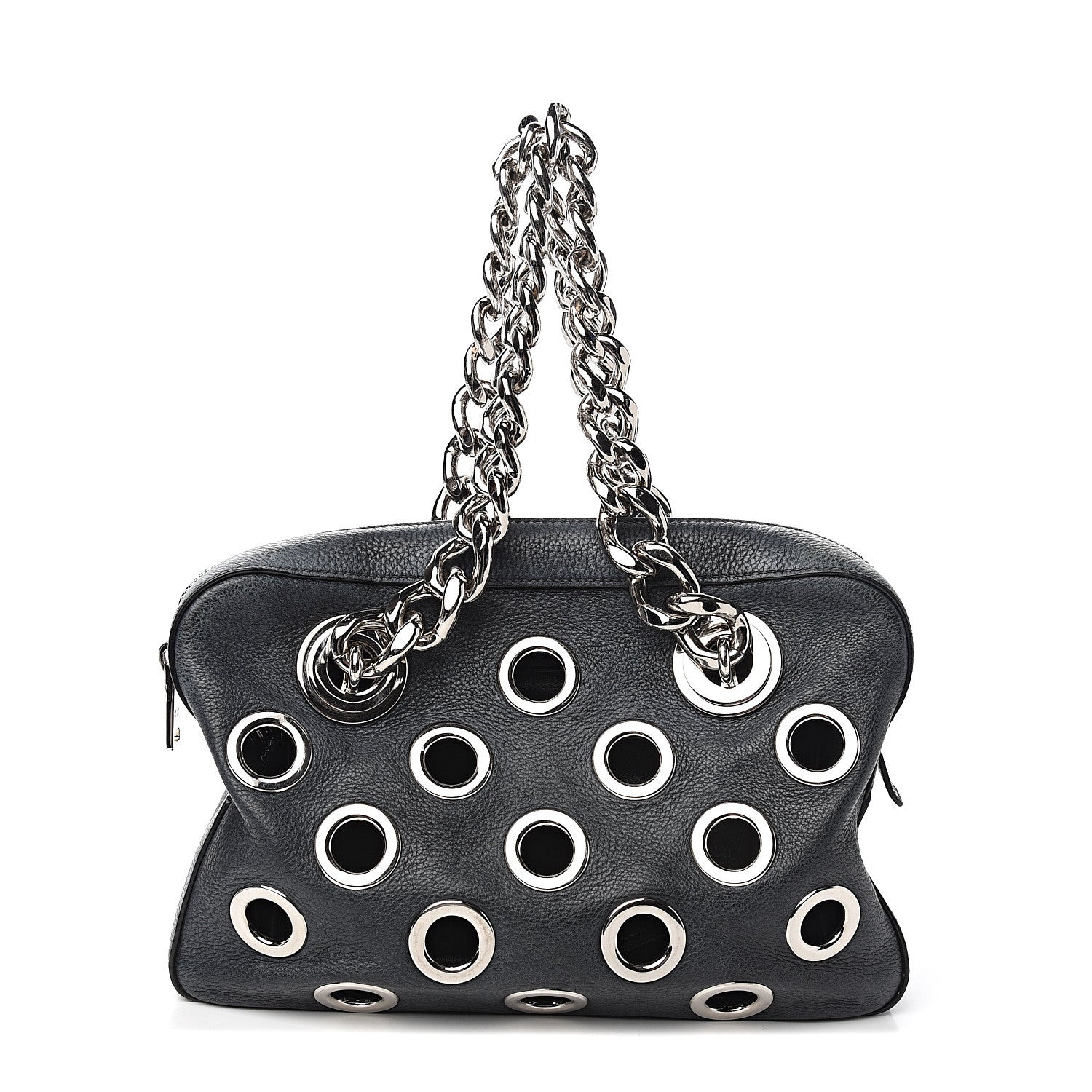 Prada Vitello Daino Grommet Chain Satchel Bag Black 2 of 9