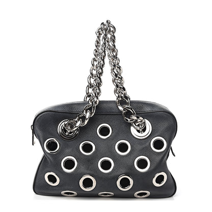 Prada Vitello Daino Grommet Chain Satchel Bag Black 2 of 9